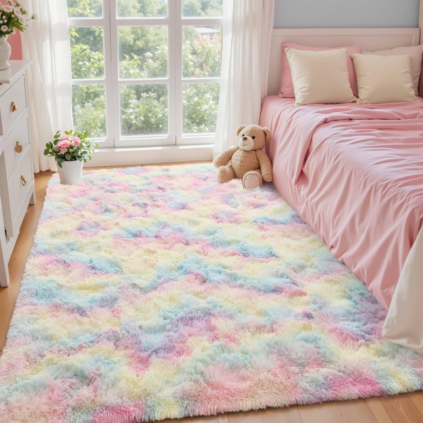 4x6 ft Fluffy Rainbow Area Rug for Bedroom Soft Fuzzy Living Room Rug Non-Slip Shag Rugs Carpet for Nursery Kids Play Room Dorm Office Indoor Modern Plush Carpets