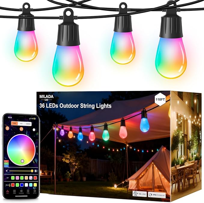 Outdoor String Lights 118FT Smart Patio Lights with APP Control, 36 LED Bulbs RGB IC Warm White, IP65 Waterproof Color Changing for Christmas, Patio, Backyard, Garden, Party, Holiday Decor