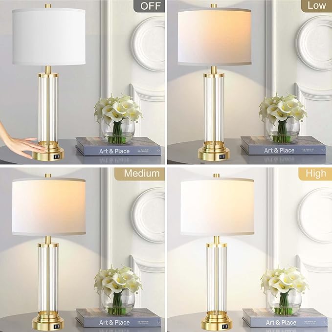 QiMH Touch Control Table Lamp Set of 2 with USB Ports, 3-Way Dimmable Nightstand Lamp with Fabric Cream Shade, Modern Bedside Lamp for Living Room Bedroom Reading, LED Bulbs Included