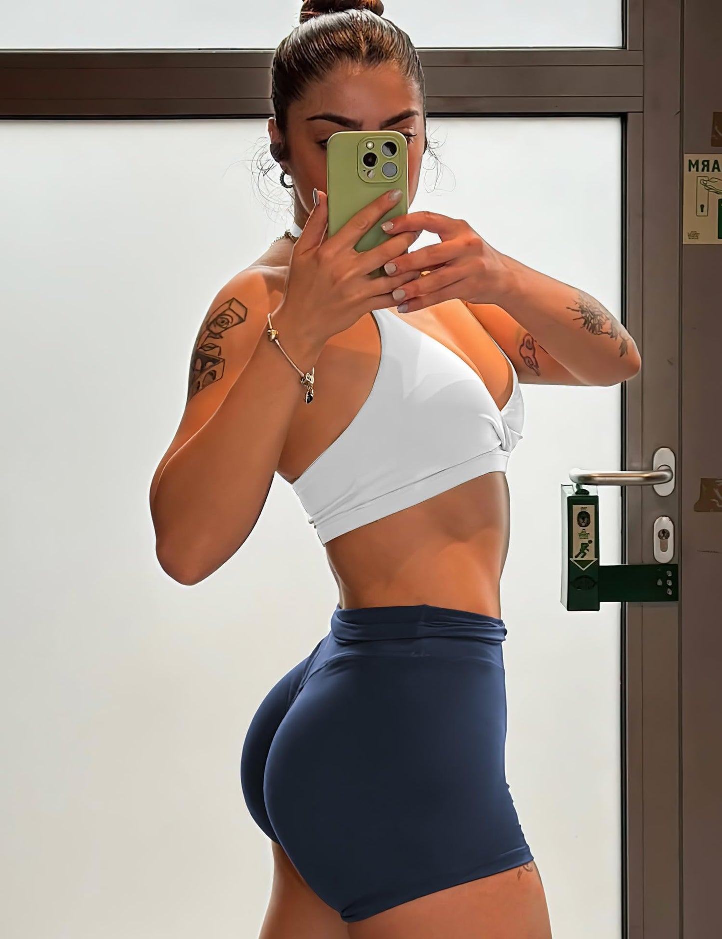 YEOREO Women's Biker Shorts 4.5" / 6" Workout Gym Shorts High Waist Tummy Control Hidden Scrunch Running Yoga Navy Blue