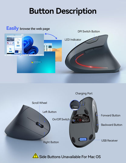 TECKNET Ergonomic Mouse, Rechargeable Vertical Ergo Mouse Wireless 800-4800 Levels 5 Adjustable DPI, Silent 2.4GHz Optical Carpal Tunnel Mouse for Right Hand, USB Wireless Mice for Laptop, PC
