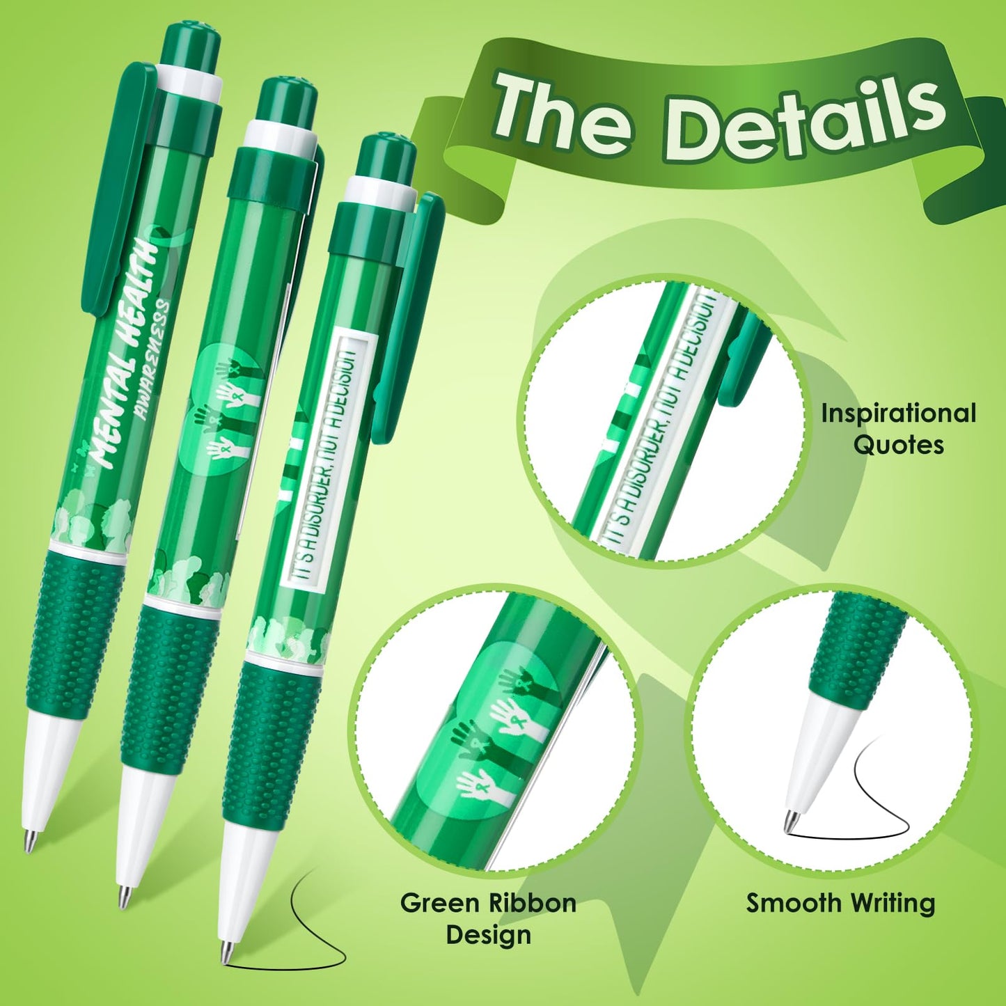 Lincia 50 Pcs Mental Health Awareness Items Green Ribbon Message Pens World Mental Health Day Retractable Ballpoint Pen for School Nonprofit Organization Charity Classroom Supply 1.0 mm Black Ink