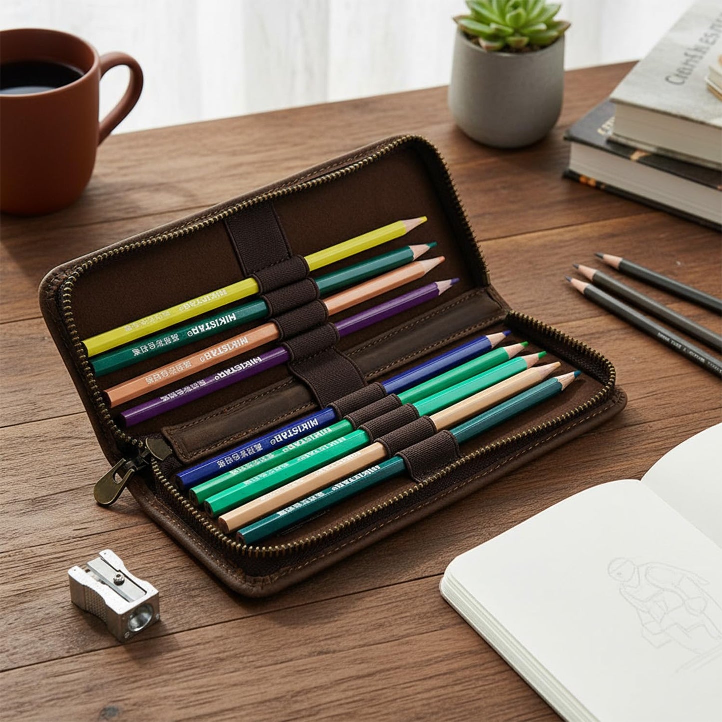 Acidea Genuine Leather Pencil Case Organizer, Coffee Style Leather Storage Pen Pouch for Pencils, Markers, Pens and Art Supplies, 10 Wooden Pencils Portable Pen Case Storage for Man Woman Office