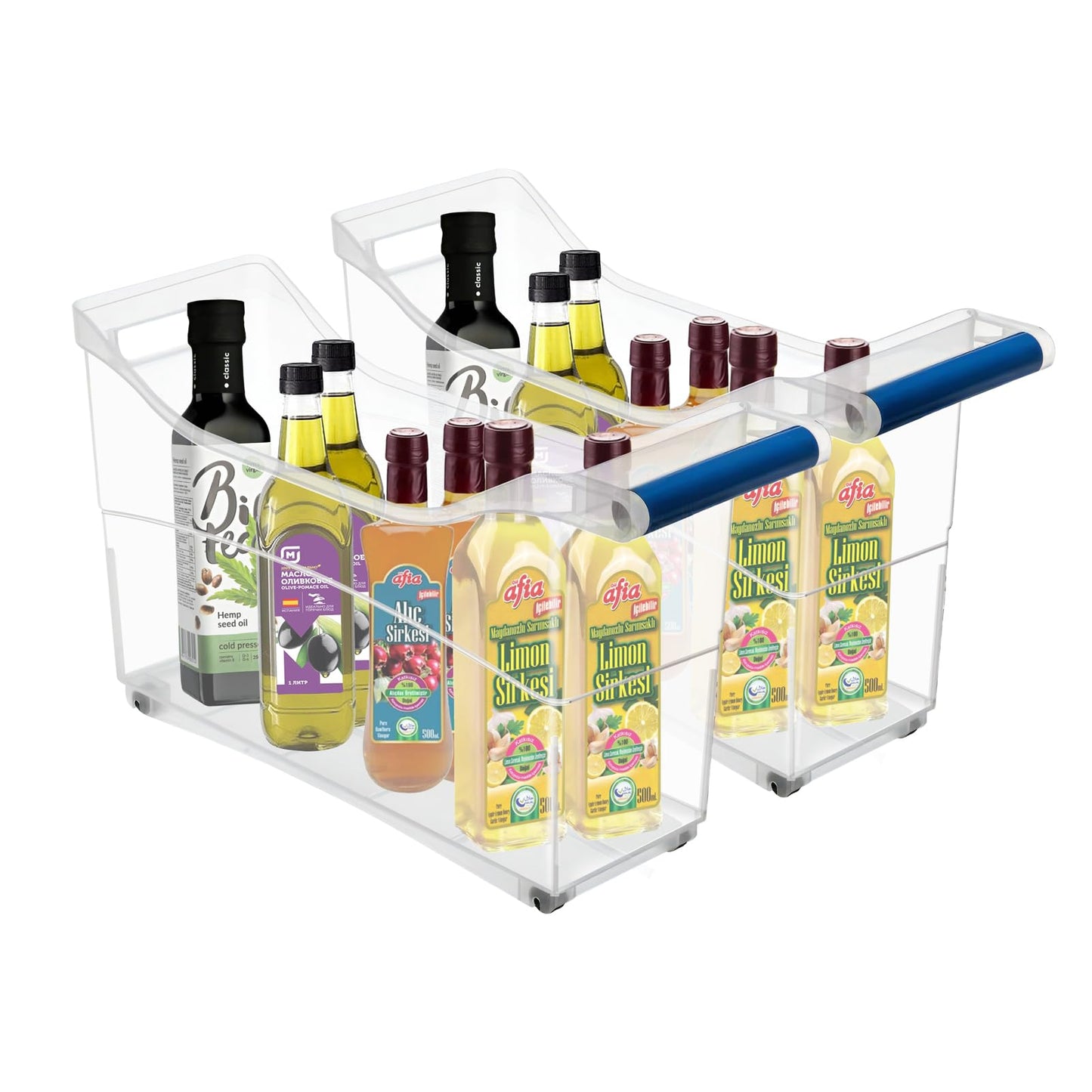 MANO 2Pack Large Roll Out Bottle Organization Bins Clear Plastic Refrigerator Organizer with 4 Wheels - Perfect for Pantry, Kitchen, and Under Sink Storage