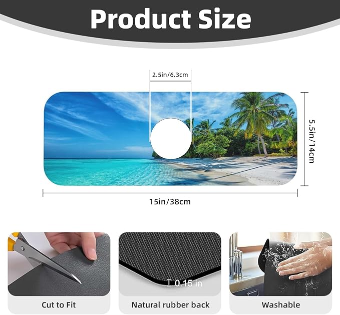 Beach Tropical Palm Tree Waves Travel Island Kitchen Sink Splash Guard Faucet