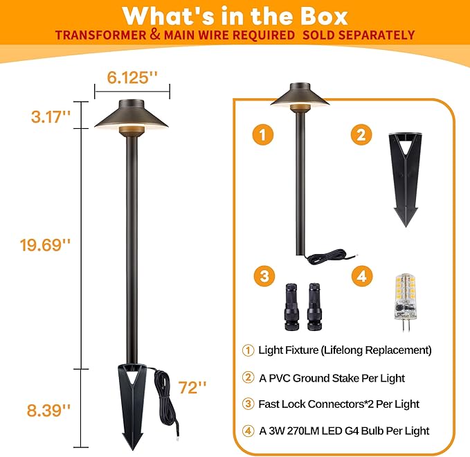 Gardenreet Low Voltage Landscape Lighting Brass, 12v Pathway Lights Waterproof, Hard Wired Path Light Outdoor, Bronze for Exterior Area Patio House with 3W 270LM 3000K Warm White G4 Bulb (4 Pack)