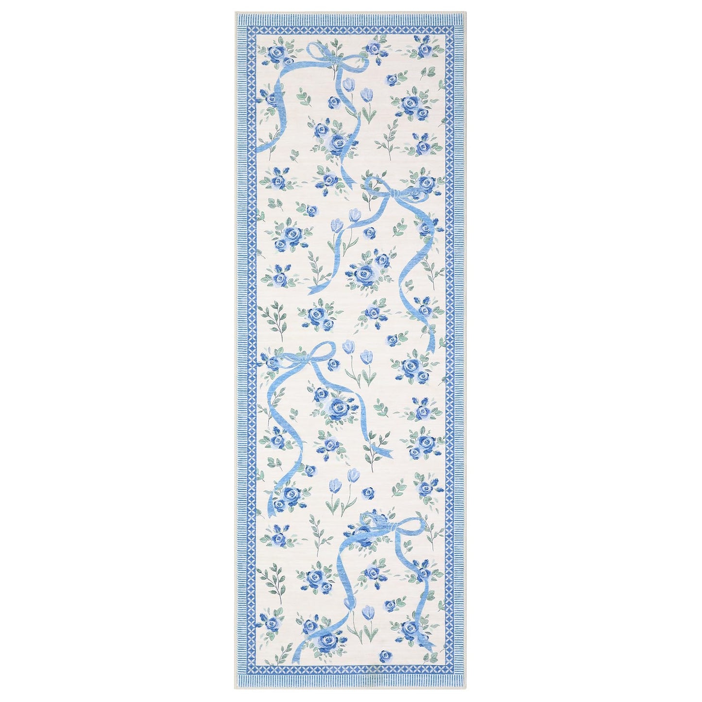 GarveeHome Runners for Hallways Non Slip, 2x6 Kitchen Runner Rug Blue and White Rugs for Bedroom Girls, Low Pile Soft Washable Runner Floral Bow Rug for Nursery Entryway Dorm