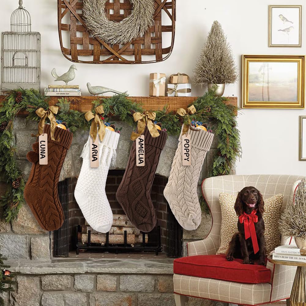 Teeanzo 4 Pack 18 Inches Christmas Knitted Hanging Stockings, Xmas Large Farmhouse Rustic Neutral Cable Knit Personal Stockings Decorations for Christmas Tree Fireplace Family Holiday Party Decor