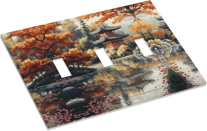 Decorative Art Light Switch Covers Lake & Pagoda in Fall 3 Gang Triple Toggle Wall Plate Decorative Switch plate Electrical Faceplate for Home Decor