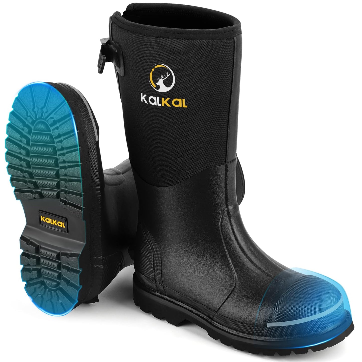Kalkal Steel Toe Rubber Boots for Men - Waterproof Anti Slip Work Boots 6mm Neoprene Rain Boot Durable Hunting Boots with Steel Shank for Farming Gardening Construction Outdoor Work Size 5-14