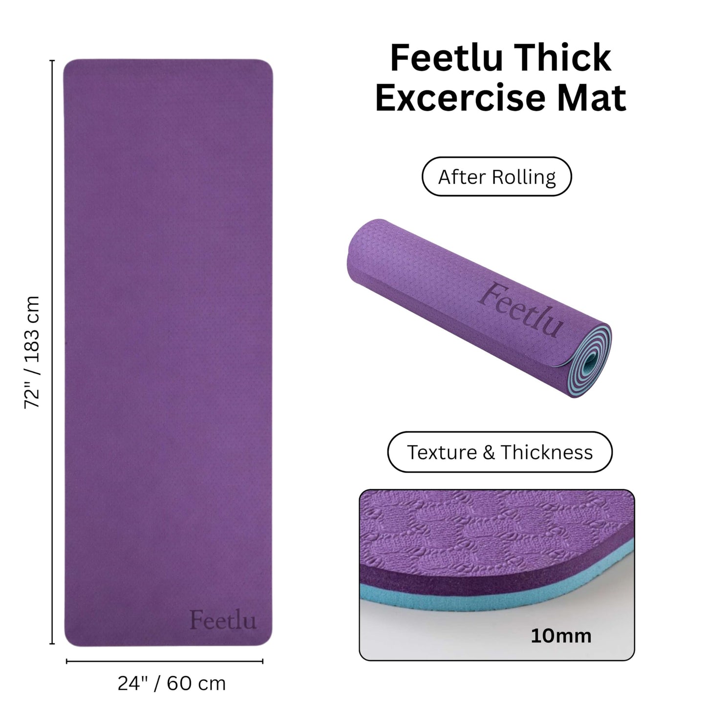 Feetlu Extra Thick Yoga Mat with Carry Strap, 10mm Non-Slip Exercise Mat, 72 x 24 Inch Cushioned Workout Mat for Yoga, Pilates, Stretching & Floor Exercises (DK. PL/BGY)