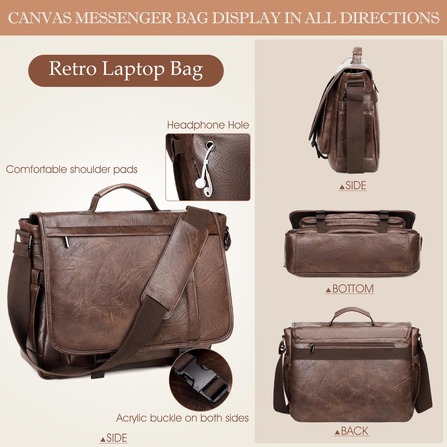 17.3 Inch Messenger Bag for Men: Laptop Bag PU Leather Work Briefcase Large Carry On Computer for Office College Travel,PU Coffee