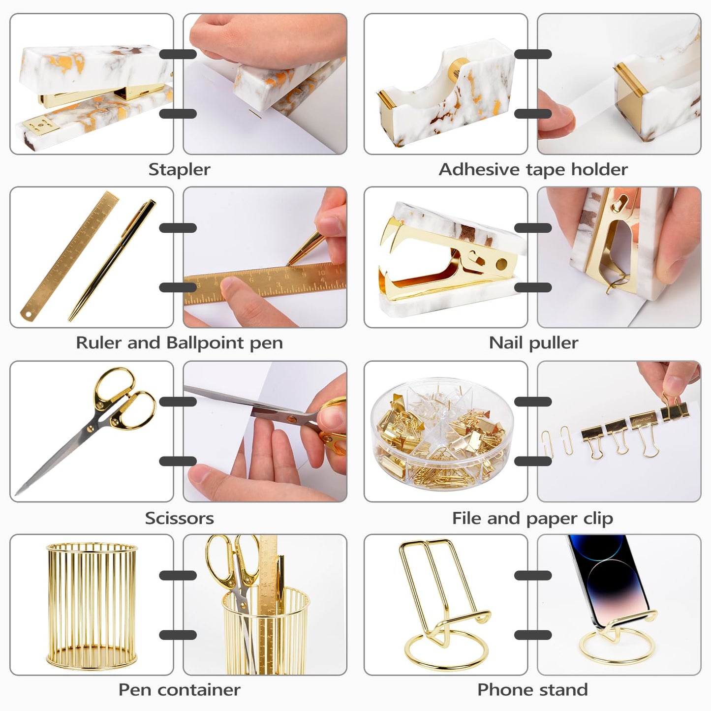 Office Desk Accessories Supplies - 13 Pcs Women Gold Marble Desk Decor Set, Cute Aesthetic Office Essentials Kit, Stapler Tape Dispenser Pen Organizer, Acrylic Mini Teacher Stuff for School Home Work