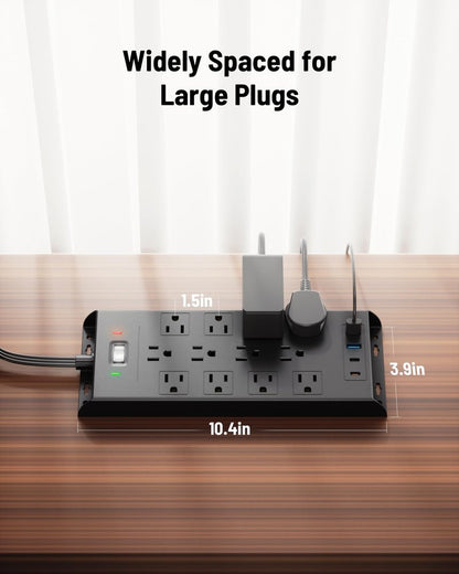Surge Protector Power Strip 4800J, LeZone 10Ft Long Extension Cord Flat Plug, 12 Outlets 2 USB C 2 USB Ports, Wall Mountable, Desk Charging Station, Black