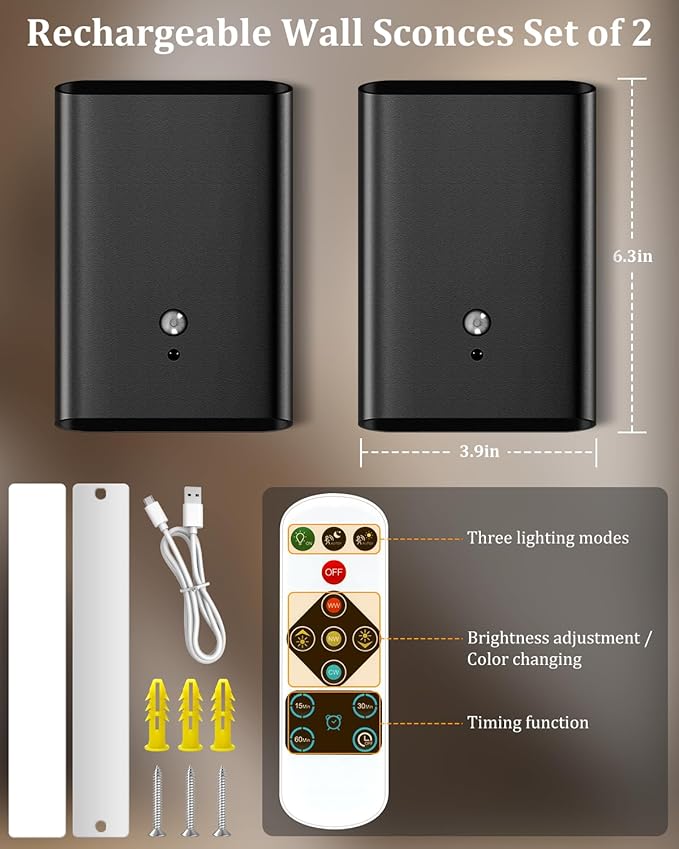 Motion Sensor Wall Light - Remote Control Battery Operated Wall Sconce 6000mAh Rechageable Lamps Brightness Adjustable 3 Color Temperature, Wall Decor for Bedroom Living Room(Black 2pcs)