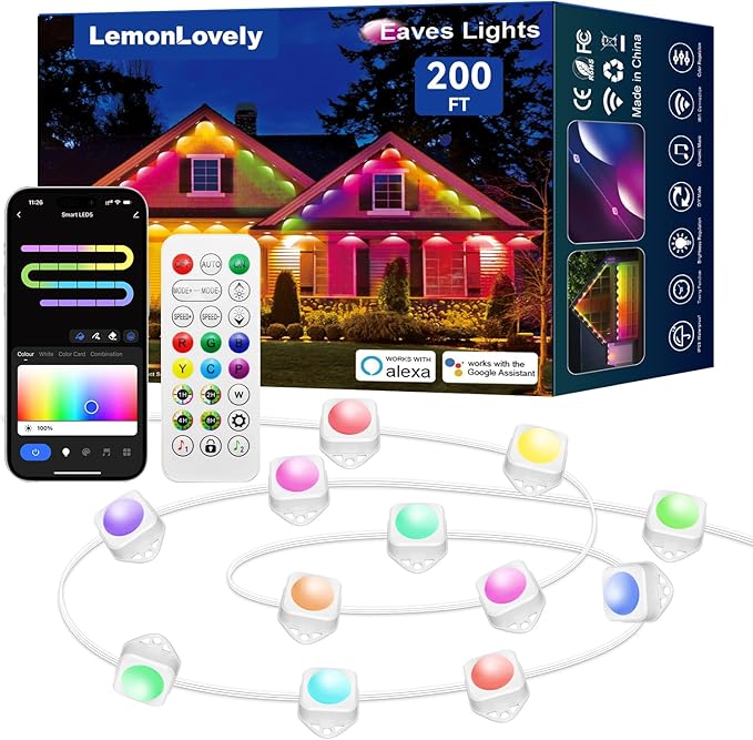Permanent Outdoor Lights for House, RGB+IC IP67 Waterproof Smart Eave Lights 200ft with 144 LED, Eternity Lighting for Holiday Daily Decor, Work with Remote, APP