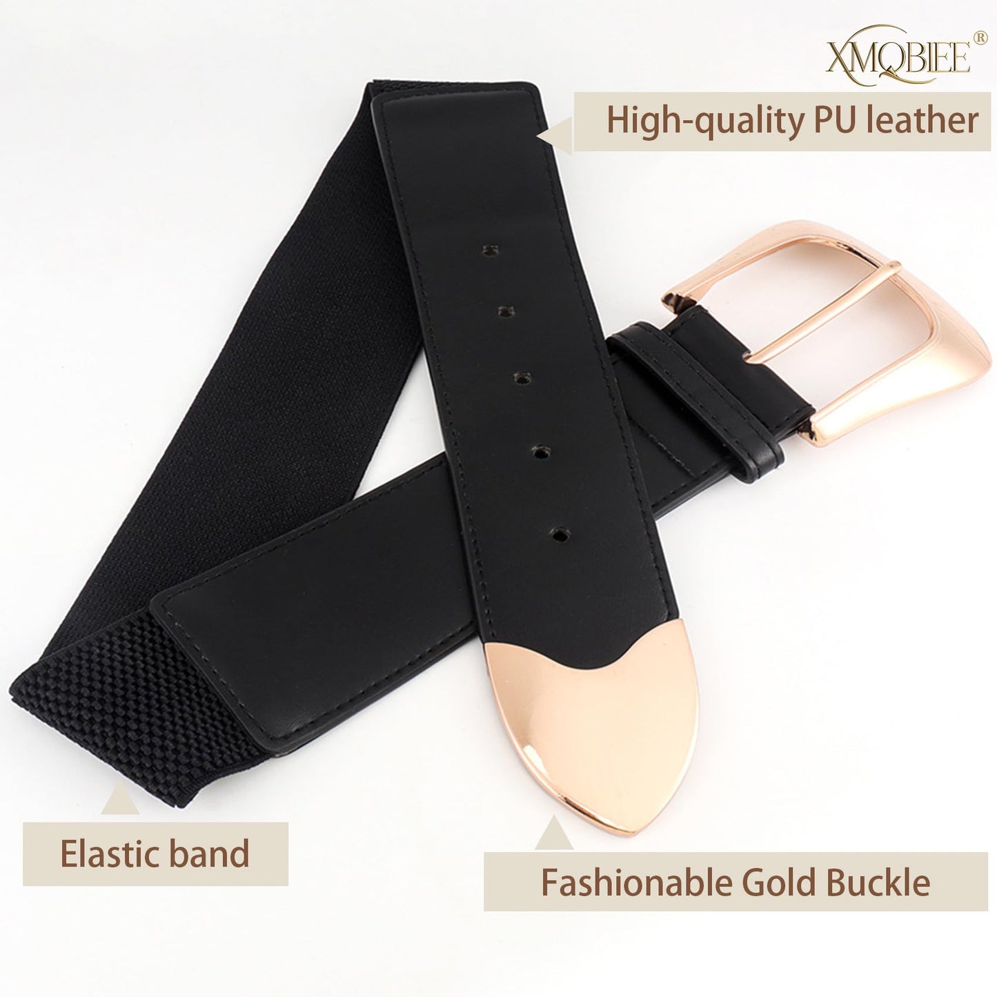 XMQBIEE Women's Wide Elastic Waist Belt with Gold Western Buckle, Retro Leather Waist Belt for Dresses Jeans and Coats