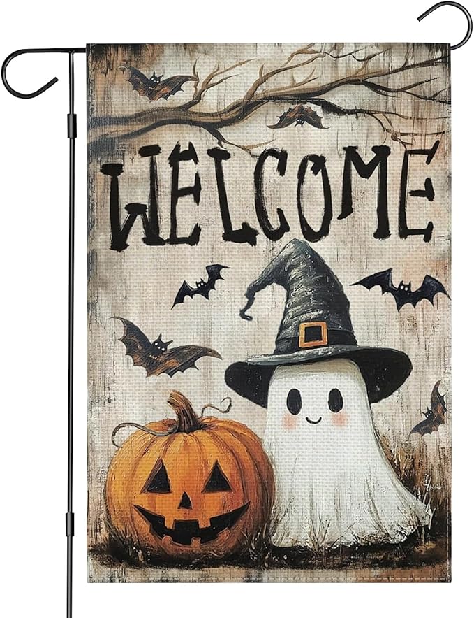 Halloween Garden Flag, 12x18 Inch Halloween Flag, Welcome Yard Flag with Ghost, Pumpkin for Outdoor Porch Decorations