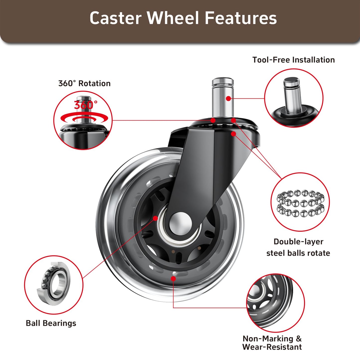 ASHGOOB Office Chair Wheels, Set of 5 Caster Wheels Office Accessories, 3 Inch Heavy Duty Casters for Chairs to Replace Office Chair Mats, Smooth & Quiet Universal Fit for Most Chairs(5 Pack)