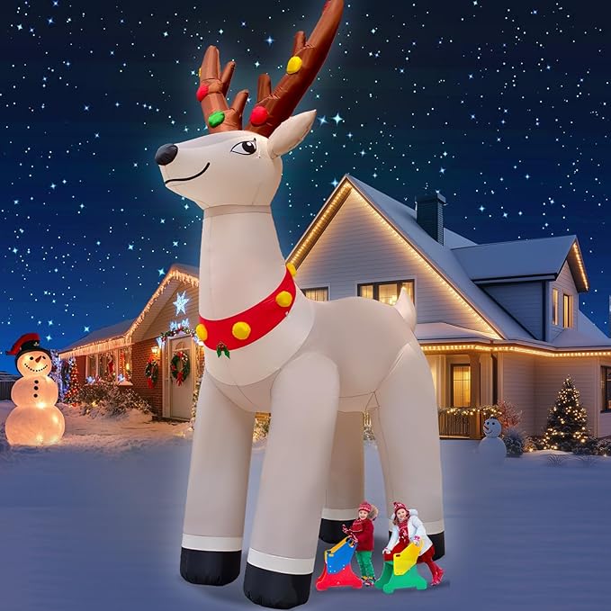 14.3FT Giant Christmas Inflatable Reindeer, Christmas Blow Up Reindeer Xmas Elk Inflatable Built-in Bright LEDs for Christmas Inflatables Outdoor Decoration Xmas Eve Party Yard Lawn Decor