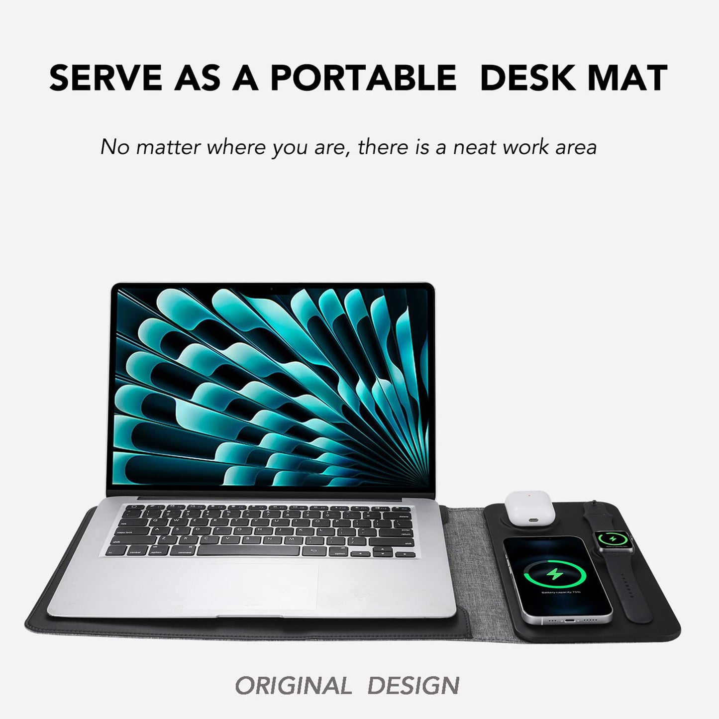 Gyanm 5-in-1 Laptop Sleeve with Wireless Charging for iPad MacBook Pro 12" 13" 14", Charge Mat for Phone Earbuds iWatch, Executive Office Organizer with Pocket, Waterproof Vegan Leather Case (Black)