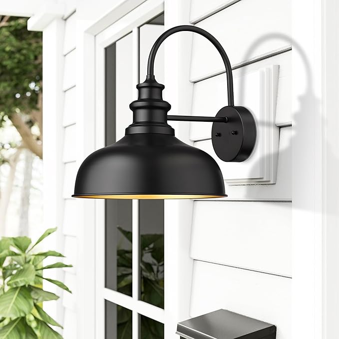 Bestshared Gooseneck Barn Light 14 Inch Dome Farmhouse Outdoor Wall Sconce,Exterior Wall Mount Lighting Fixture Outdoor Lantern Lamp for Front Door, Entryway,Patio,Garage (Black+ Gold, 14” Dome-2Pack)