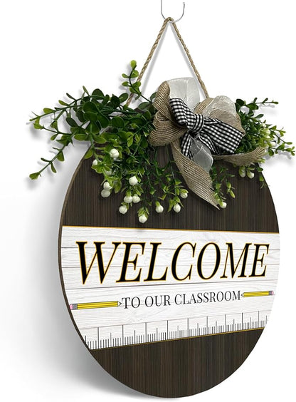 Welcome Sign for Classroom Door Welcome to Our Classroom Sign for Front Door Rustic Round Wood Hanging Sign for Classroom Outdoor School Wall Indoor Decor 12×12 Inch