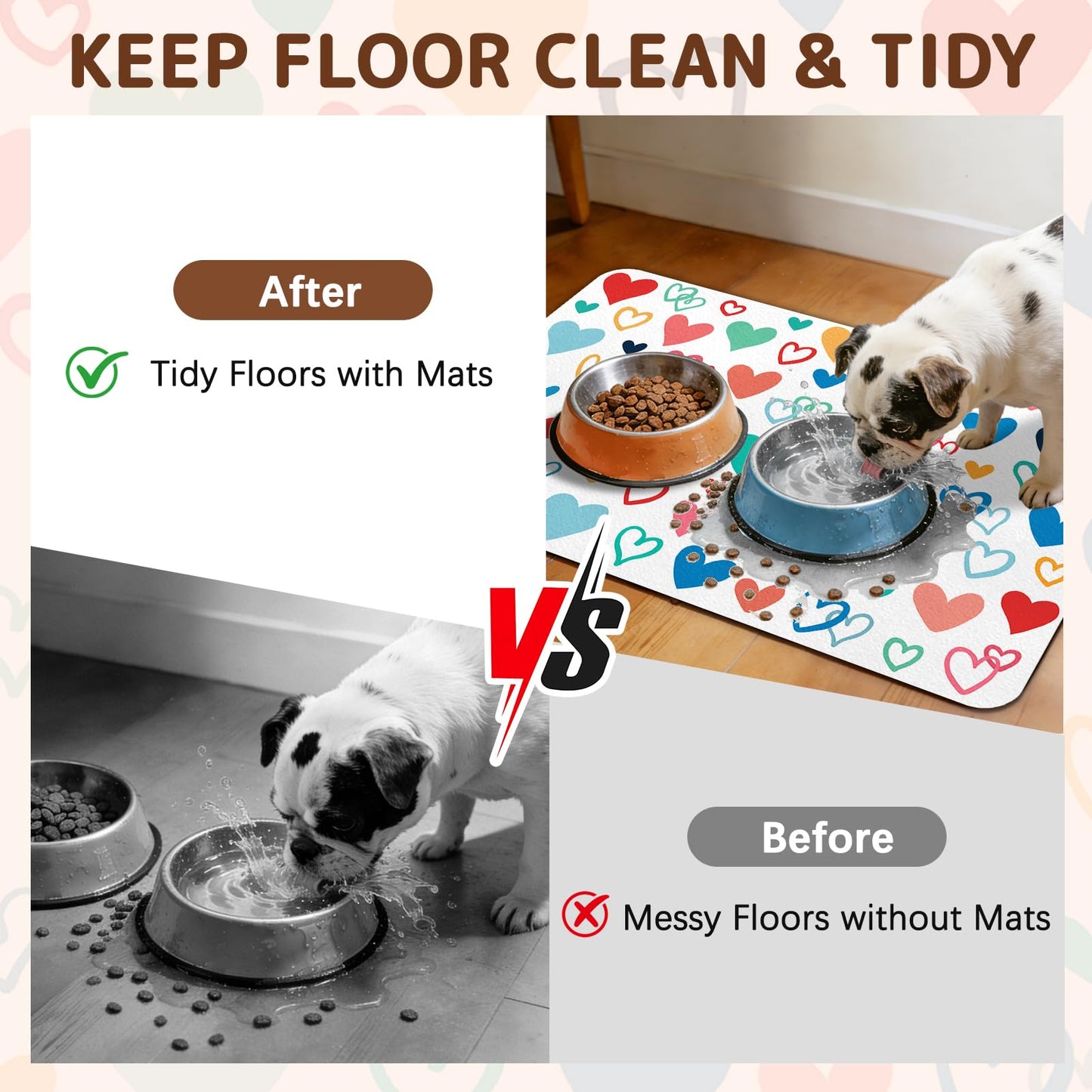 Dog Food Mat for Bowls, Absorbent Quick Dry Dog Cat Mats for Food and Water, Non-Slip Backing Pet Mat Pet Supplies - Heart Pattern