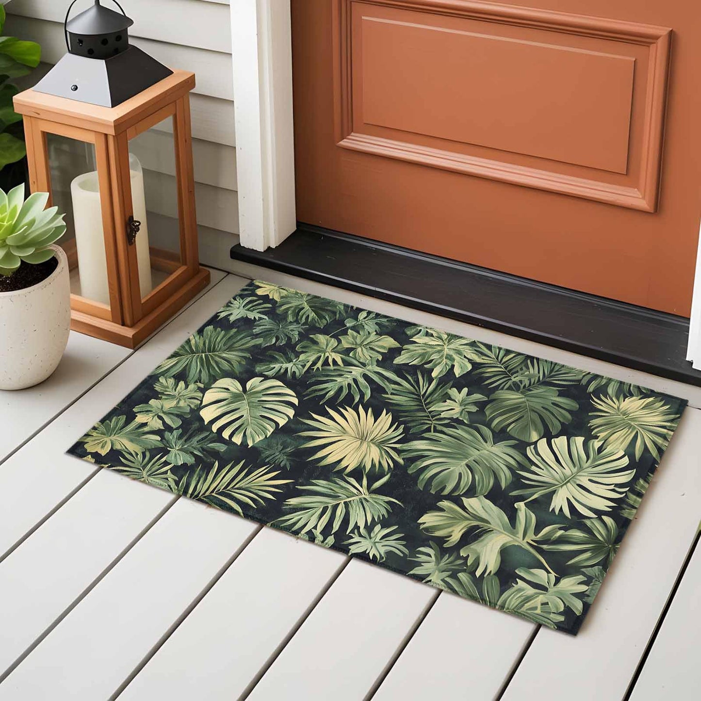 Palm Tree Leaves Entryway Rug 2x3 Area Rug Washable Indoor Doormat Small Bathroom Rugs Non-Slip Low Pile Accent Throw Rugs Summer Tropical Green Botanical Floor Carpet for Kitchen Bedroom Entrance