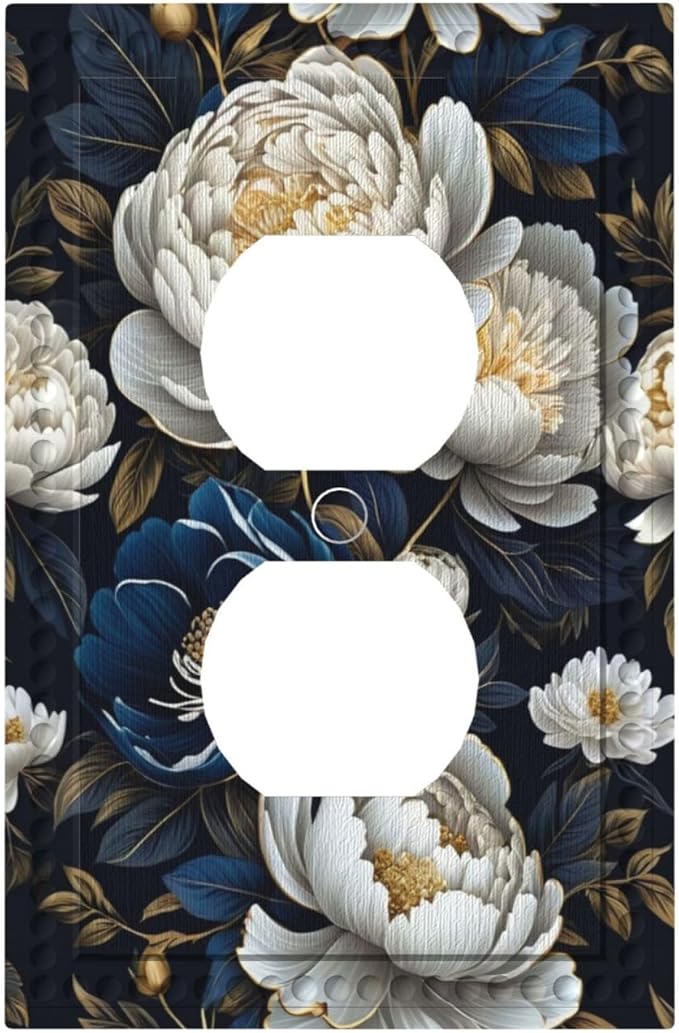 White Gold Blue Flower Light Switch Cover 1 Gang Outlet Plate Single Duplex Wall Plate Covers Decorative Switchplate Covers Electrical Faceplate for Home Decor