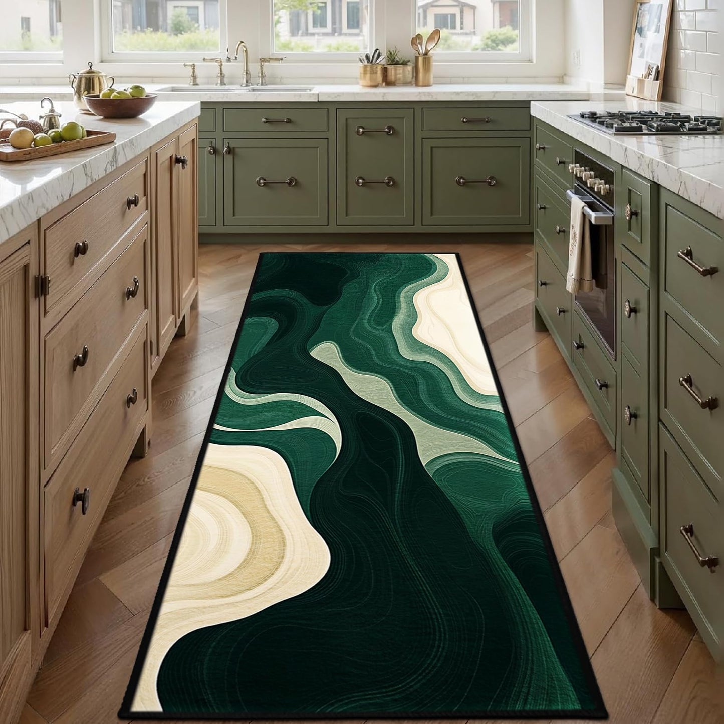 AQQA Sage Green Runner Rug 2x6,Abstract Wavy Hallway Runner, Washable Non-Slip Long Rug for Kitchen,Modern Art Deco Entryway Rug,Low-Pile Indoor Floor Carpet for Laundry Room,Bedside,Office (Emerald)
