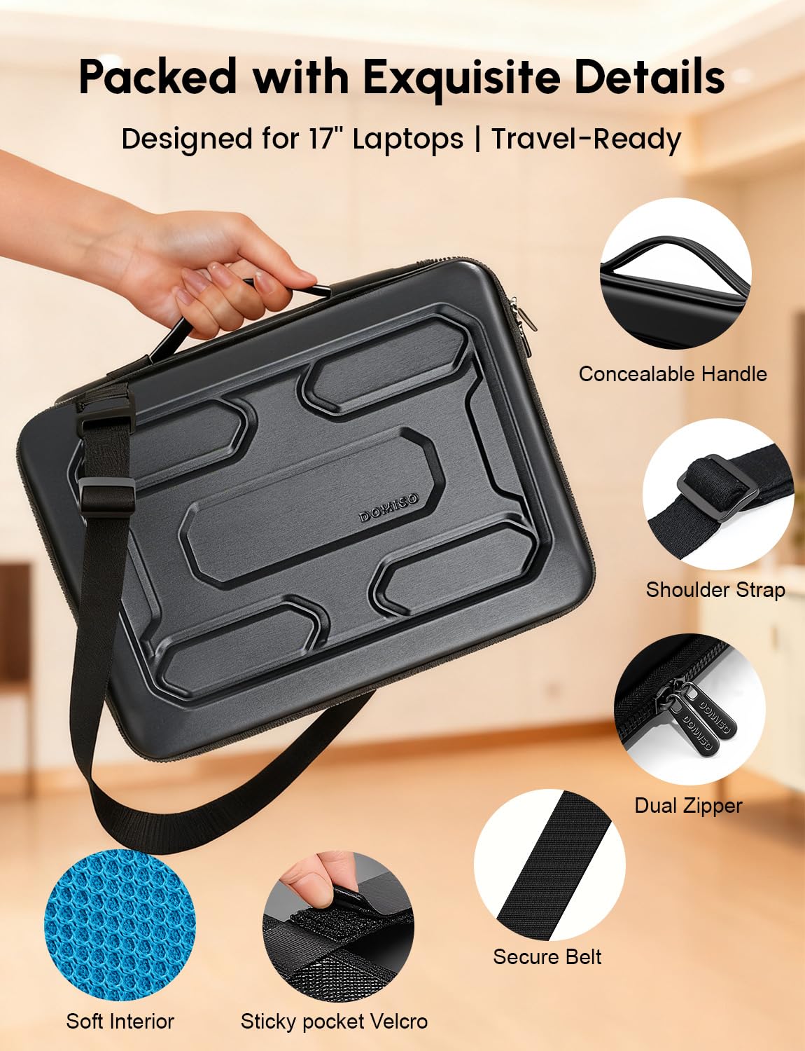 DOMISO 17 inch Laptop Sleeve Shoulder Bag Shockproof Computer Bag Waterproof EVA Protective Carrying Case for 17.3" MSI GS73VR Stealth Pro/Lenovo IdeaPad 321/HP Envy 17/LG Gram 17"/ROG Strix GL702VS