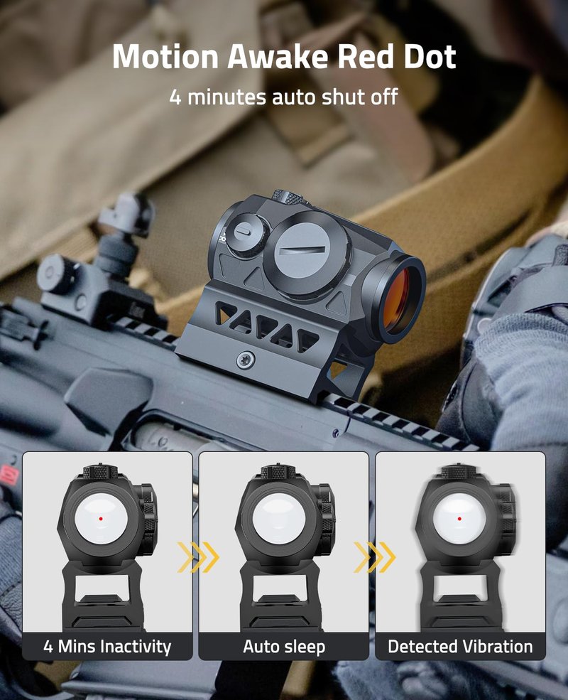 CVLIFE JackalHowl Red Dot Sight,1x20mm 2MOA Red dot Motion Awake Red Dot Scope Compact Red Dot Optics with Co-Witness Riser and Low-Profile Mount,10 Brightness Button Settings