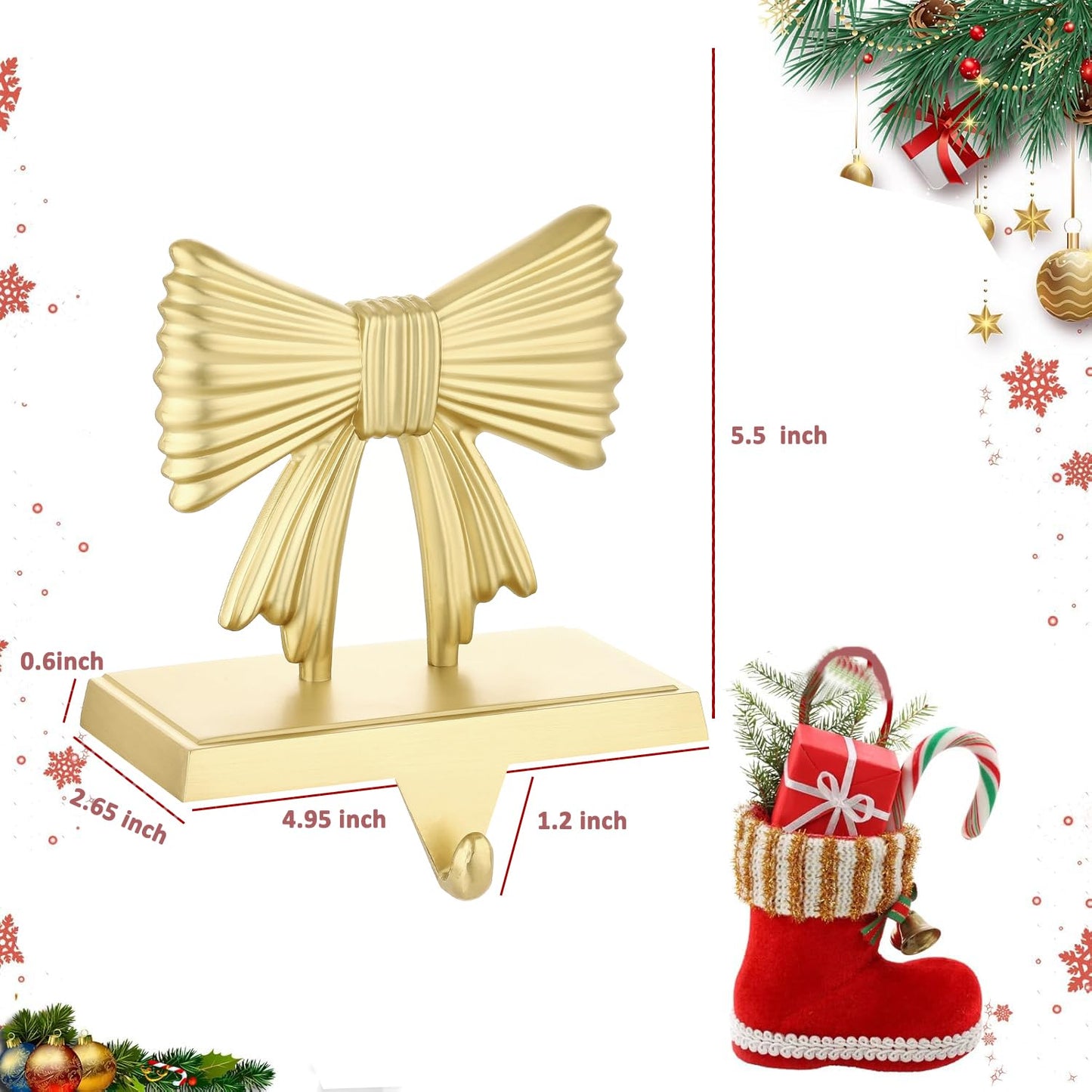 Kersiki Christmas Stocking Holders Set of 2 - Christmas Stocking Holders for Fireplace- Metal Stocking Hanger for Mantel-Stocking Hooks for Christmas Party and Home Decoration (Gold Bowknot)