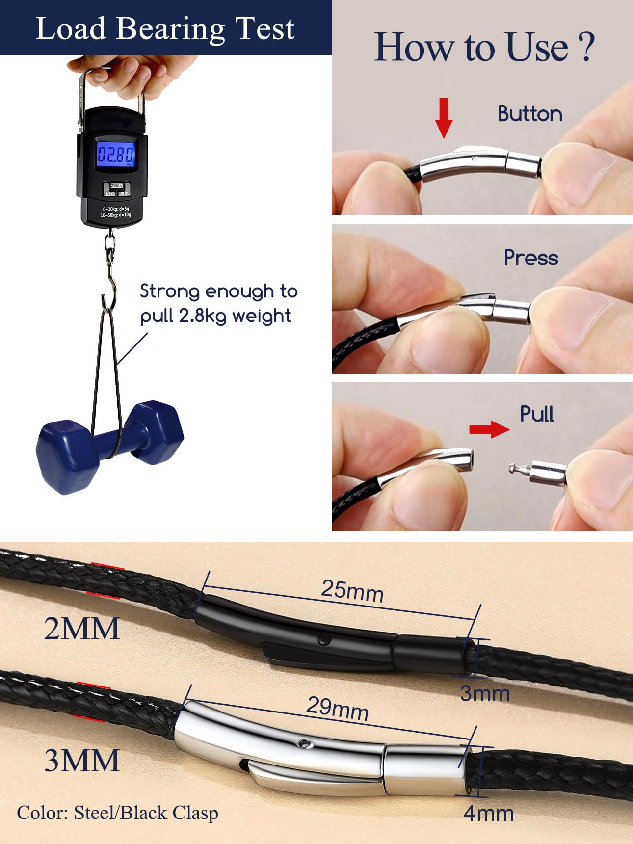 Suplight Waterproof 3mm Woven Wax Rope Chain For Men Women, Black Leather Necklace Cord With Superb Strong Clasp, Breathable Braided Leather Necklace DIY Jewelry For Pendant 18inch