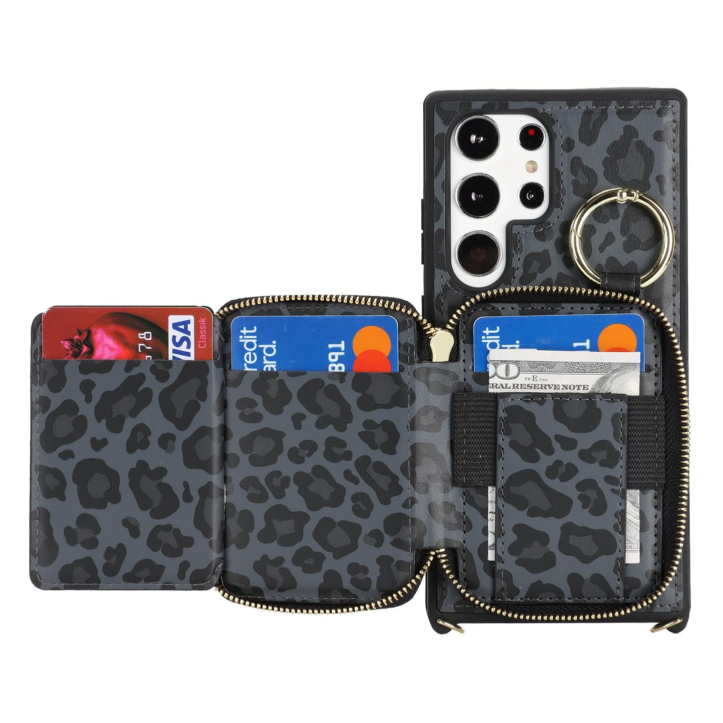 Hamany Crossbody Wallet Case for Galaxy S24 Ultra, PU Leather Zipper Handbag Purse Flip Cover, Kickstand Folio Case with Card Slots Holder Wrist Strap Lanyard -Black Leopard