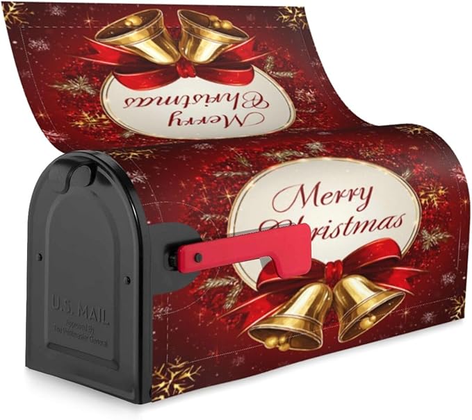 Festive Magnetic Mailbox Cover Red Christmas Bell Pattern Outdoor Mailbox Protector Holiday Seasonal Decorative Garden Yard Home Large Size 25.5 x 21 Inch