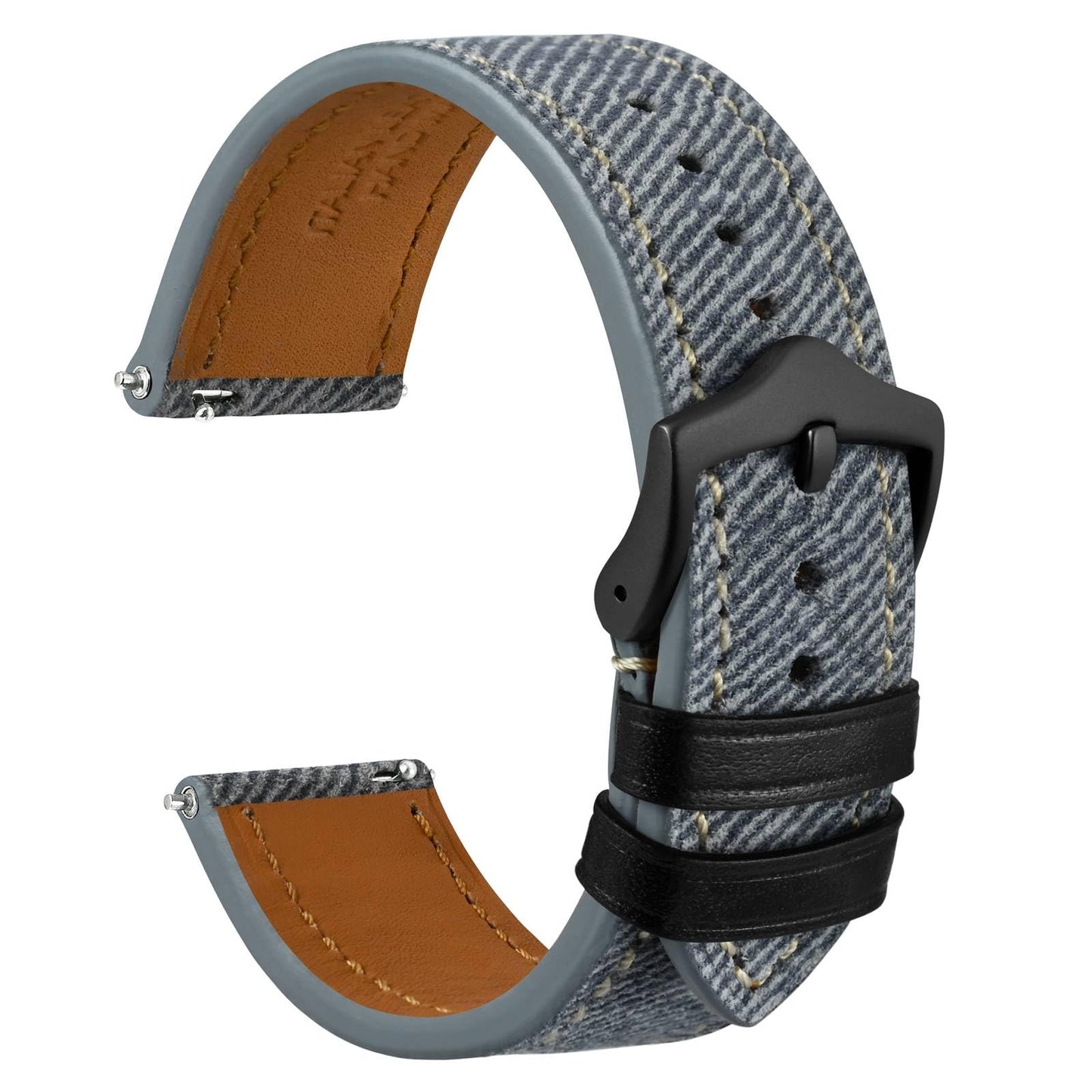 WOCCI 18mm Watch Band, Italian Leather, Denim Pattern, Black Buckle (Ash Blue)