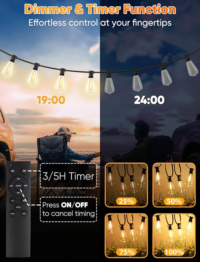 Brightever LED Outdoor String Lights with Remote, 100FT Commercial Grade Waterproof Outdoor Patio Lights, 30+2 ST38 Dimmable Edison Bulbs, 2700K Warm White Rope Light for Outside, Low Voltage 24V