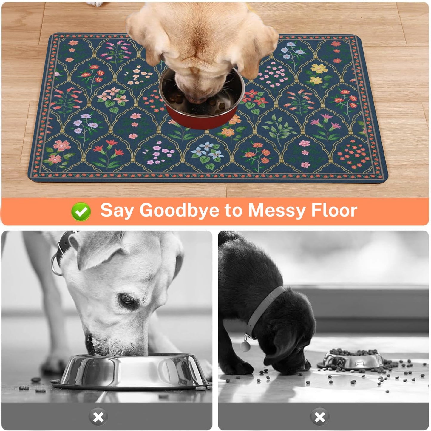 Absorbent Pet Dog Bowl Mat for Food and Water, Pet Cat Food Feeding Mat with Non Slip Rubber Backing, Dog Food Mats for Floors Waterproof, 12"x20"