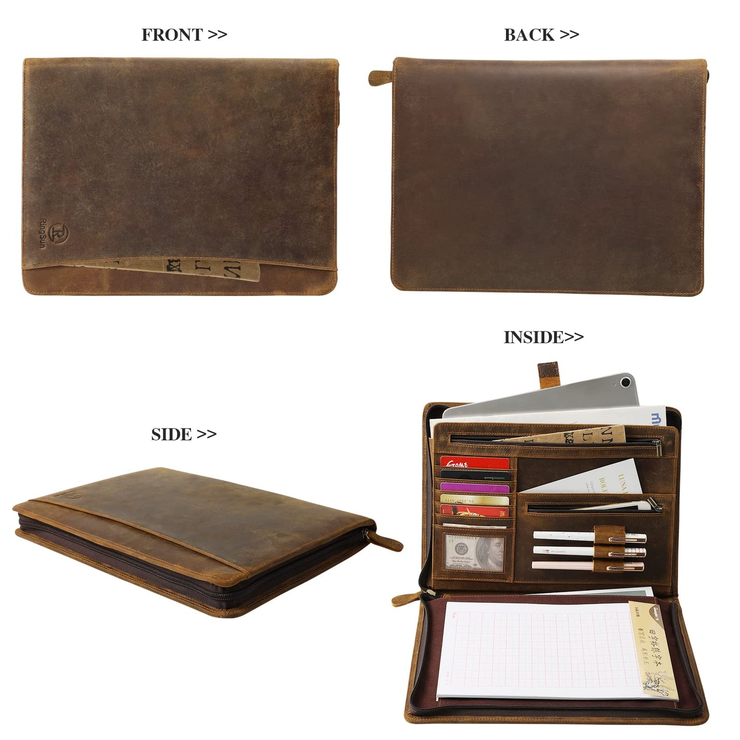 Ringsun Leather Portfolio Organizer with Zipper for Men Women, Leather Padfolio Business Resume Legal Pad Portfolio Notebook Binder for A4/Pad, Brown
