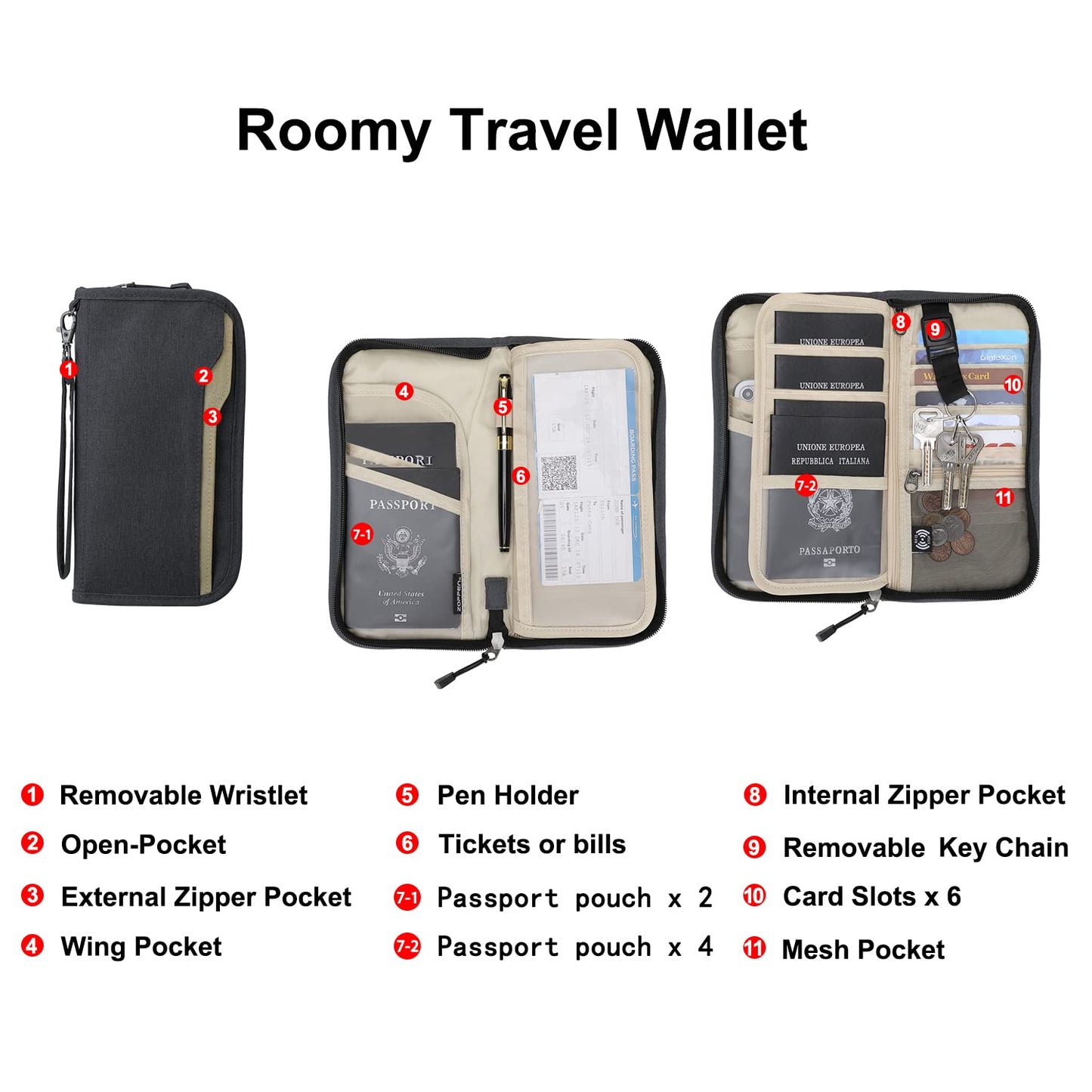 ZOPPEN Rfid Passport Holder Travel Wallet Family Documents Organizer Travel Accessories for 6 Passport, 03# Dark Grey