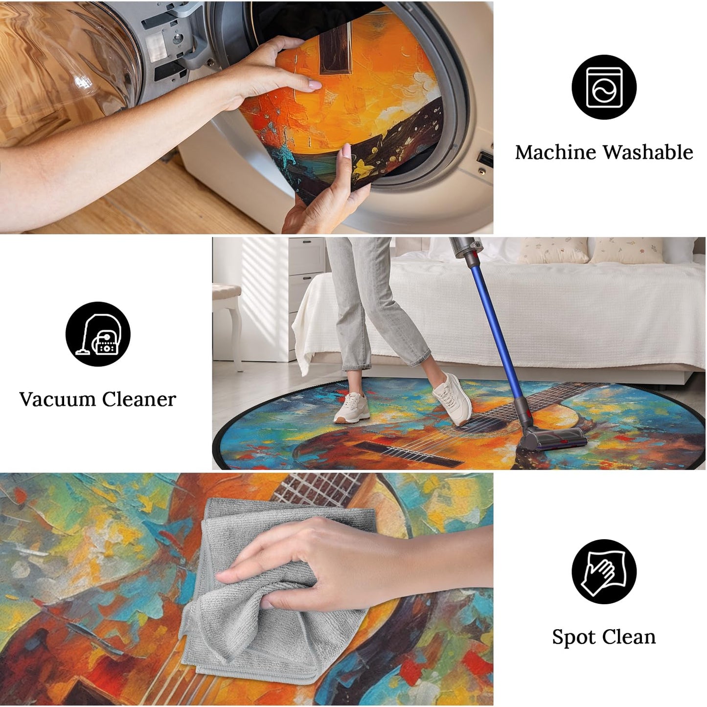 OMFUNS Music Guitar Round Area Rug Bedroom 3 Ft, Oil Painting Circle Floor Mat Non-Slip Washable Accent Throw Rugs Carpet for Living Room Kids Room Nursery Entryway Laundry