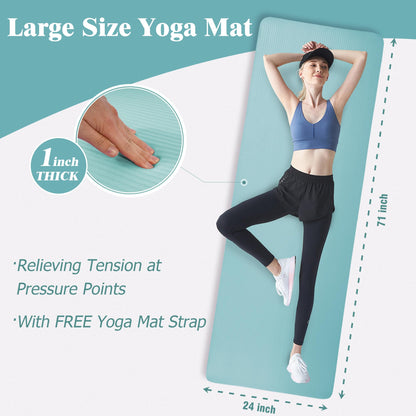Yoga Mat 1-Inch Extra Thick High-Density Exercise Mat with Non-Slip Surface & Carry Strap for Men & Women Tear-Resistant Pilates Workout Mat for Home Gym, Floor Fitness, Aqua