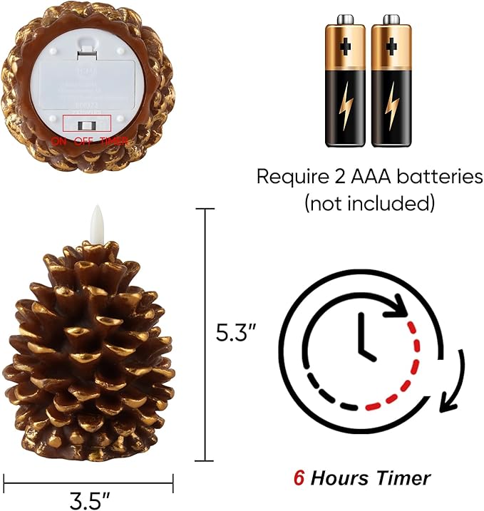 Homemory 2 Pcs Flameless Pine Cone Candle, LED Candles with 6H Timer, Real Wax Battery Operated Candles for Fireplace Decor, Holiday Indoor Decoration,Brown(D3.5 x H5.3 Inch)