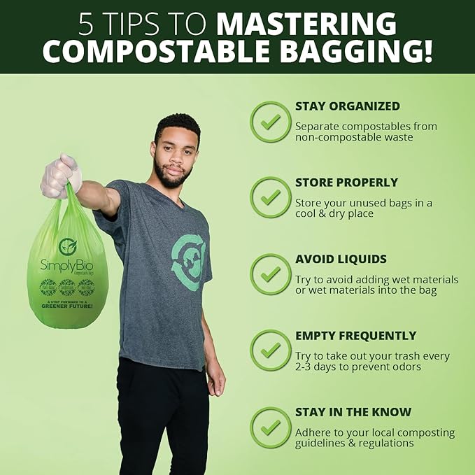 Simply Bio 1.6 Gallon Compostable Trash Bags Liners Handle, Heavy Duty Extra