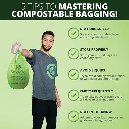 Simply Bio 1.6 Gallon Compostable Trash Bags Liners Handle, Heavy Duty Extra