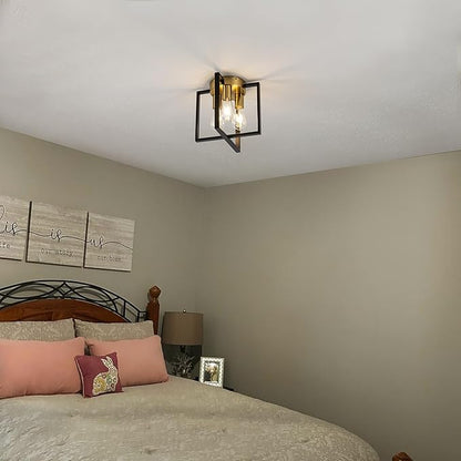 Modern Cube Frame Ceiling Light Fixture, 3 Bulbs, Black and Gold Finish, for Entryway Porch Hallway Stairway Garage Living Room Dining Room Balcony