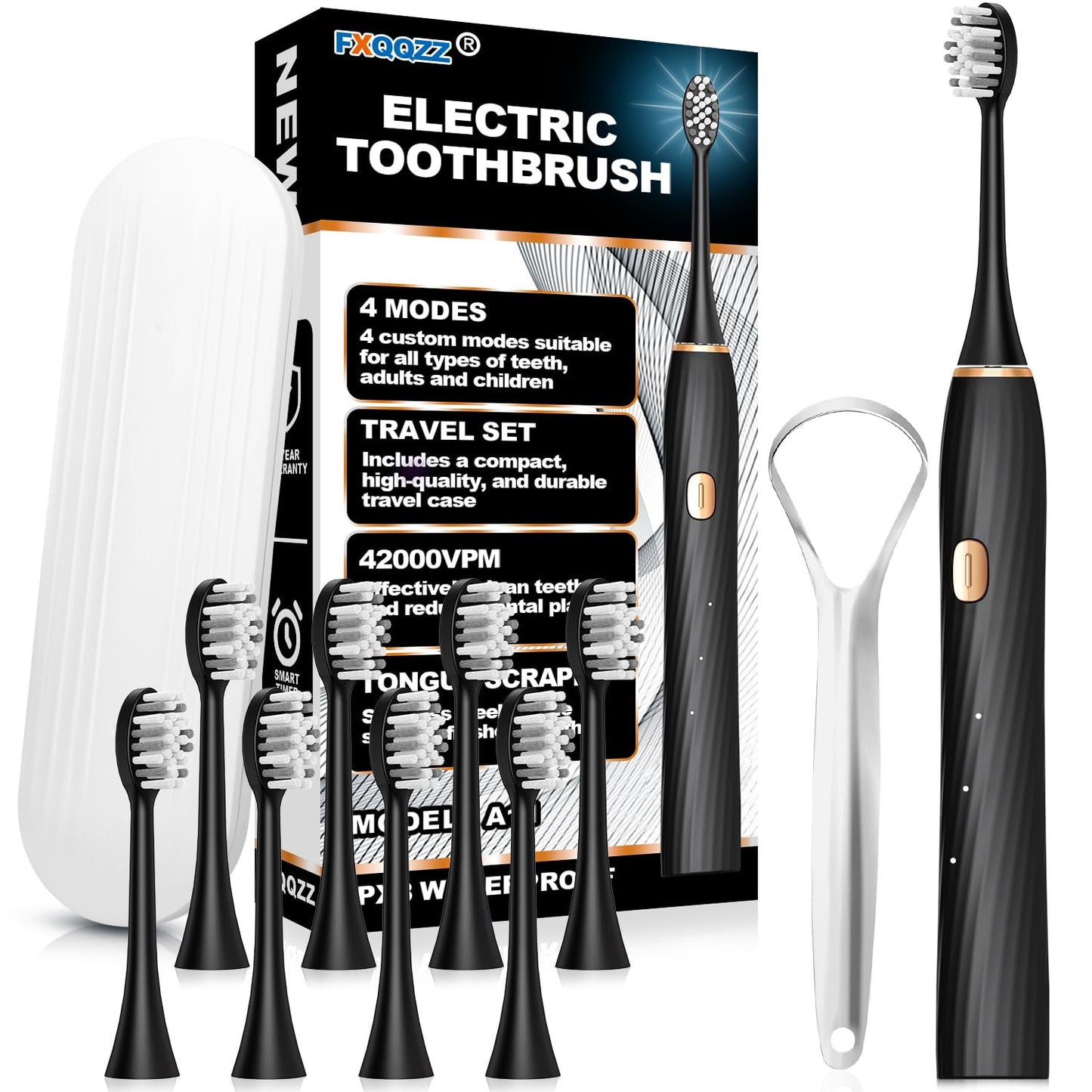 FXQQZZ Electric Toothbrush for Adults and Kids, with Tongue Scraper and Travel Case, 8 Brush Head, Smart Timer & 4 Modes Rechargeable Toothbrush, 42000 VPM Deep Clean, One Charge Last 90 Days - Black