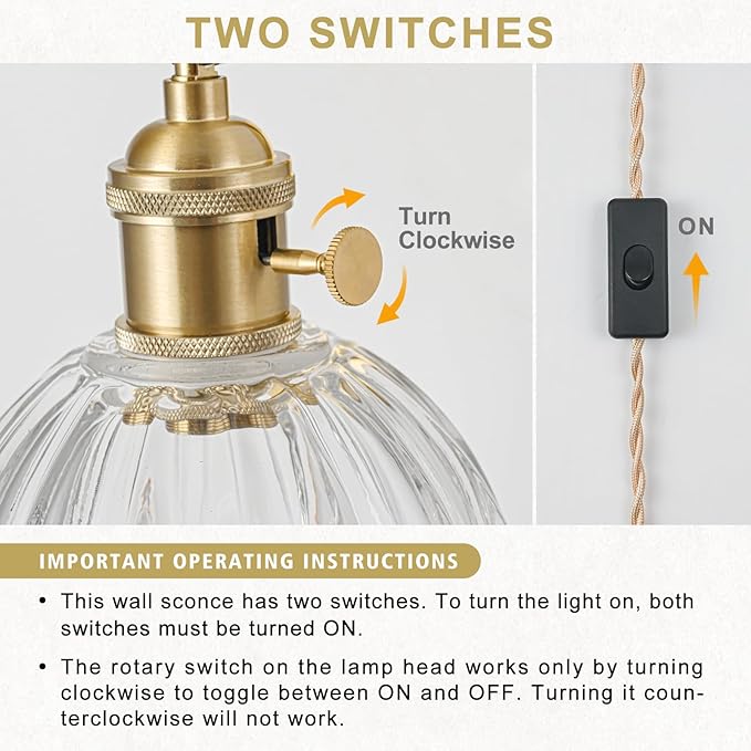 Plug in Wall Sconces Set of 2, Vintage Wall Sconce with Tulip Transparent Glass Lampshade, 180° Adjustable Wall Sconce with Switch and Plug in Wall Lamp Cord, Gold Wall Light Wall Decor Set of 2